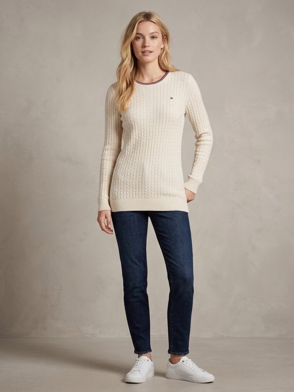 Tommy Hilfiger Cream Cable Knit Crewneck Sweater Ivory Ribbed Pullover Size SP